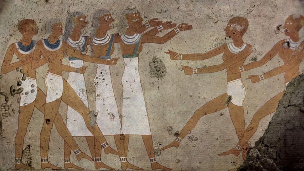 seven females dancing on clapping fingers in ancient Egypt